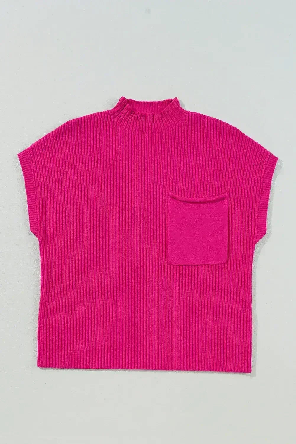 Mineral Red Patch Pocket Ribbed Knit Short Sleeve Sweater - Femstylo