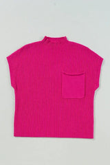 Mineral Red Patch Pocket Ribbed Knit Short Sleeve Sweater - Femstylo