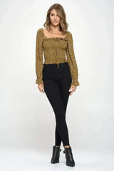 Smocked Floral Long Sleeve Top with Ruffle Neckline - Femstylo