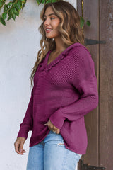 Purple Split V Neck Pullover Hooded Sweater