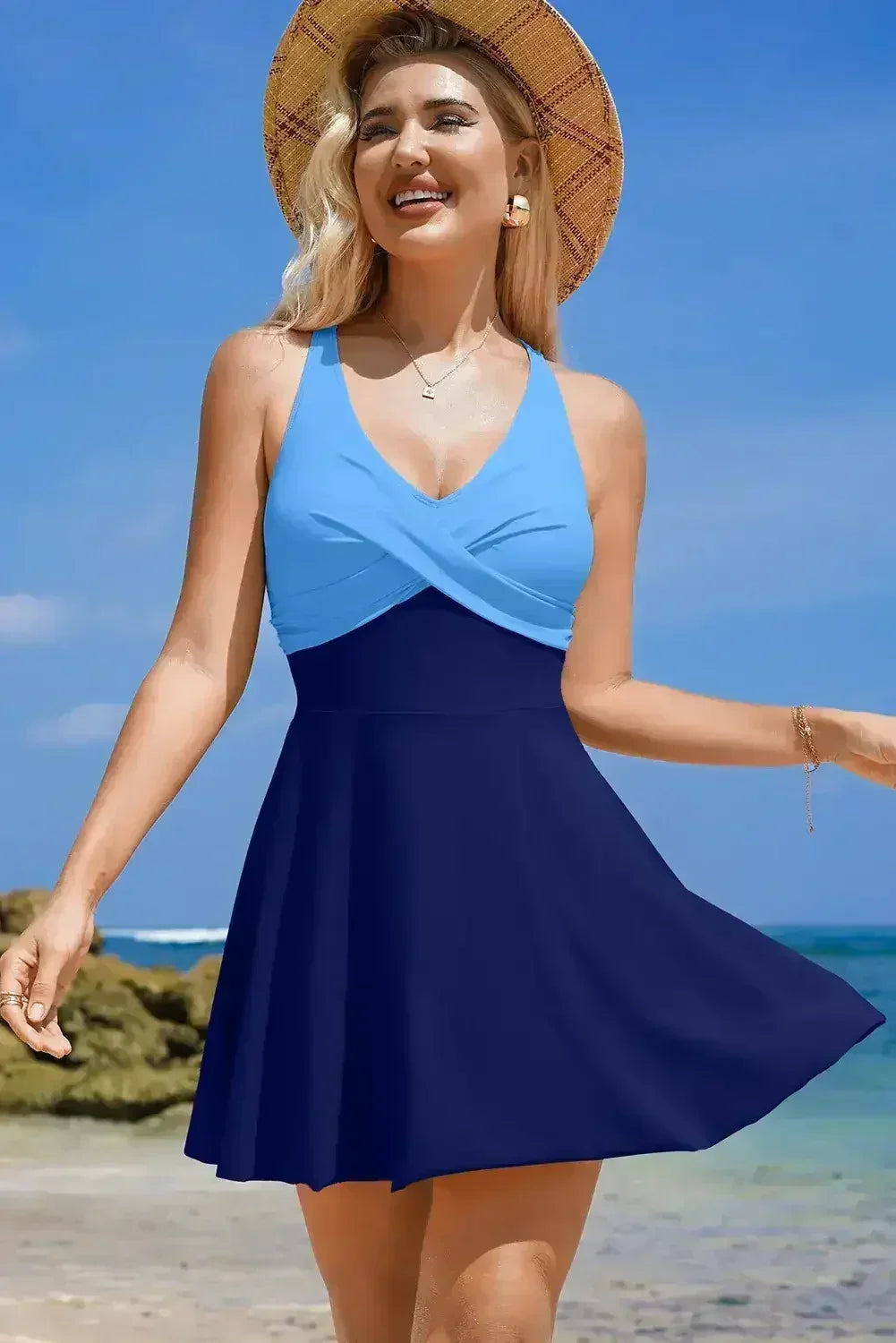 Black Criss Cross Straps Tie Back Flared One Piece Swimsuit - Femstylo