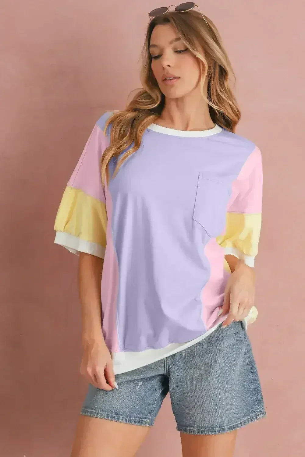 Purple Colorblock Patchwork Oversized T Shirt - Femstylo