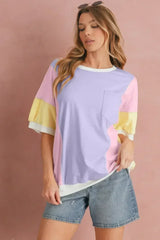 Purple Colorblock Patchwork Oversized T Shirt - Femstylo