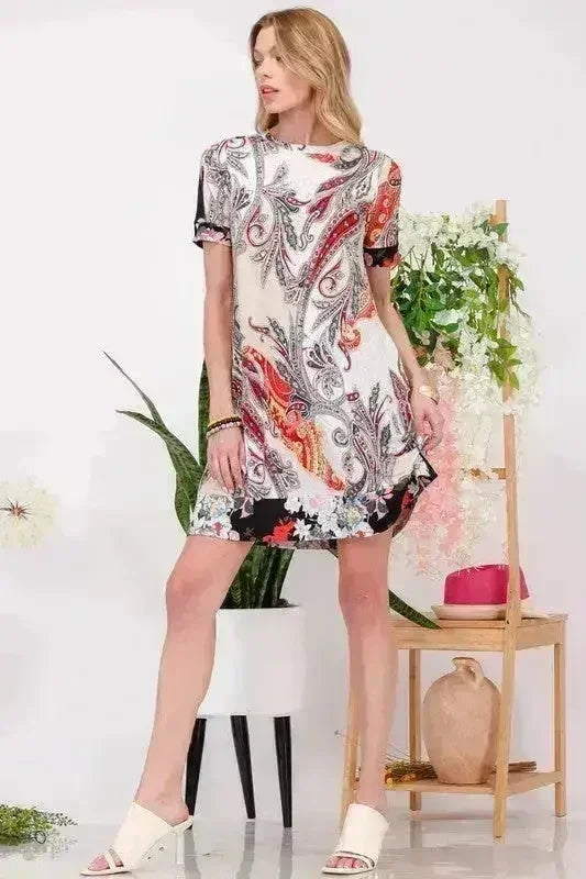 Celeste Full Size Paisley Print Short Sleeve Mini Dress with Pockets - Femstylo
