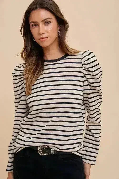 Annie Wear Striped Round Neck Puff Sleeve French Terry Top - Femstylo