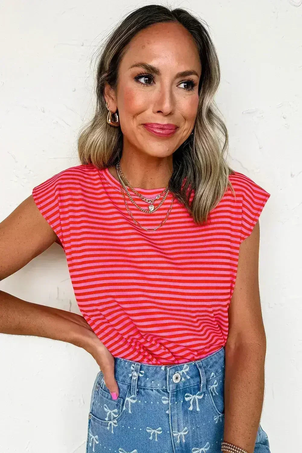 Black Stripe Ribbed Cap Sleeve Round Neck T Shirt - Femstylo