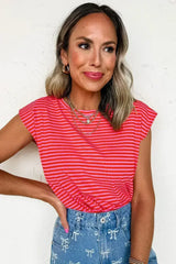 Black Stripe Ribbed Cap Sleeve Round Neck T Shirt - Femstylo