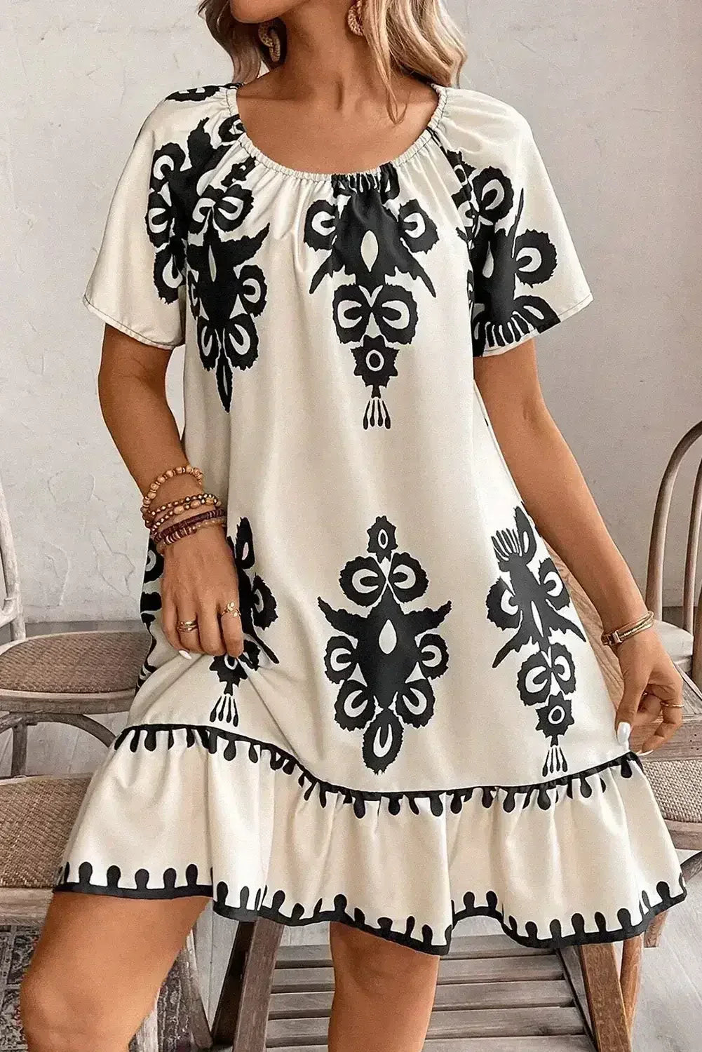 Apricot Ethnic Print Ruffle Hem Loose Mini Dress - Femstylo