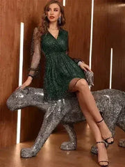 Glitter Surplice Long Sleeve Mini Dress - Femstylo