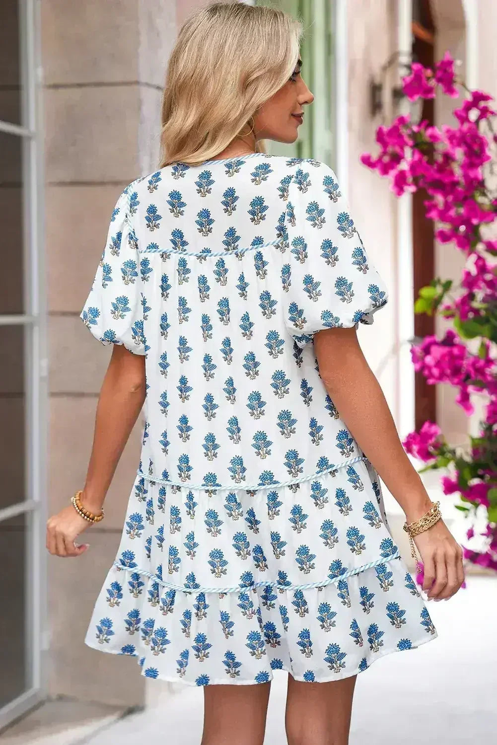 Sky Blue Floral Print Puff Sleeve Tiered Mini Dress - Femstylo