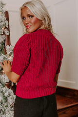 Fiery Red Plaid Lace-up Detail Christmas Holiday Puff Short Sleeve Sweater