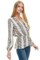 Snake V neck Button Front Peplum Long Sleeve Blouse Top | Femstylo - Femstylo