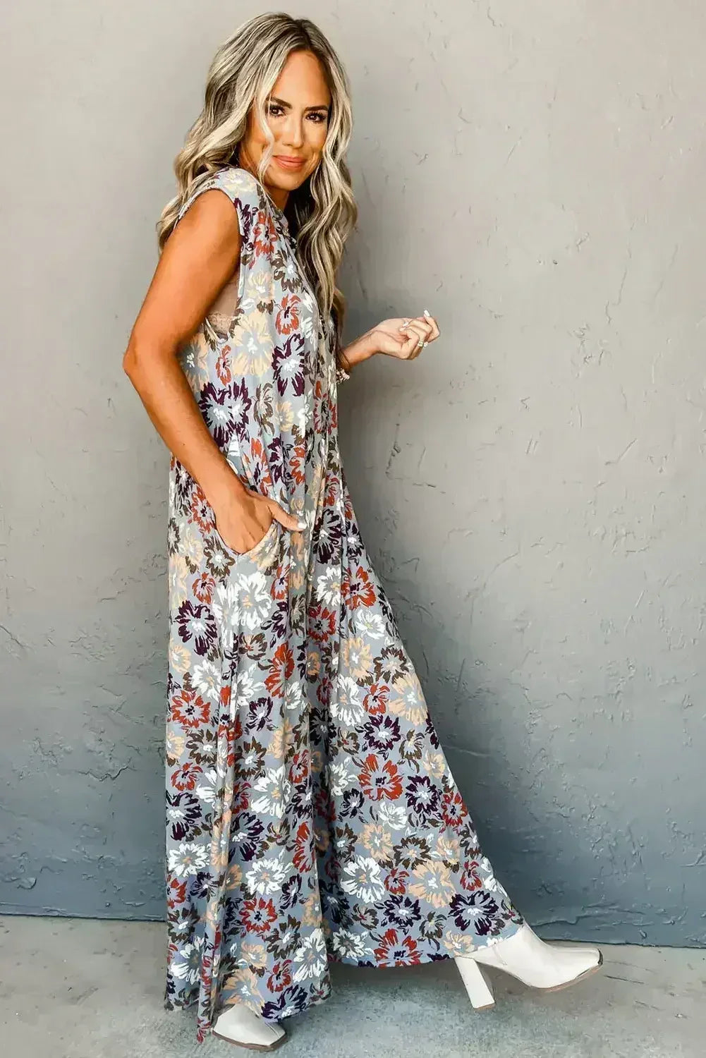 Sky Blue Floral Sleeveless Pocketed Wide Leg Jumpsuit - Femstylo