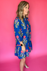 Blue Floral Print Button Front 3/4 Puff Sleeve Ruffle Hem Dress