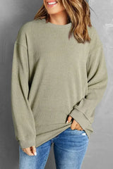 Green Ribbed Knit Sweatshirt - Round Neck Pullover | Femstylo - Femstylo