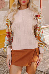 Parchment Cable Knit Ruffle Detail Contrast Floral Sleeve Patchwork Sweater