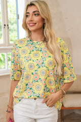 Yellow Summer Flower Print Drop Shoulder Loose T Shirt - Femstylo