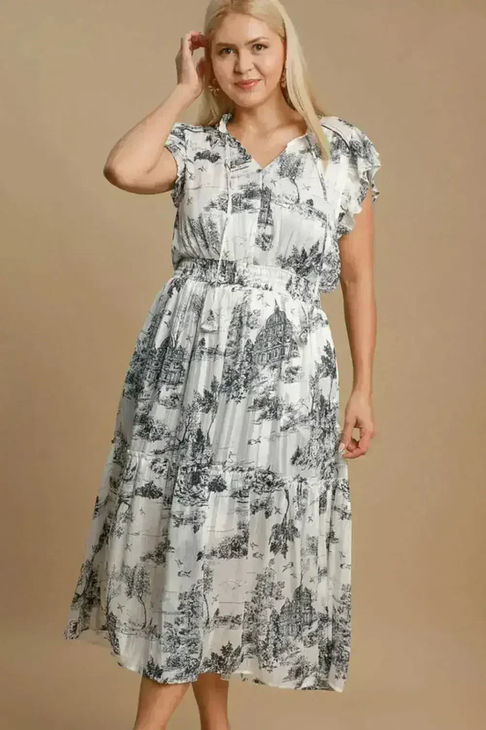 Umgee Full Size Two Tone Landscape Print Midi Dress Plus Size - Femstylo