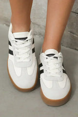 White Striped Lace Up Flat Sneakers - Femstylo