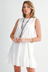 White Floral Eyelet Embroidered Sleeveless Shift Dress
