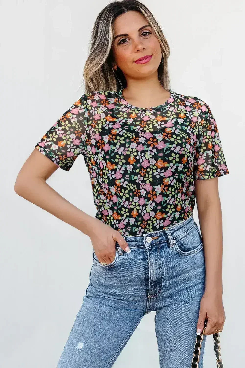 Black Sheer Mesh Floral Round Neck T Shirt with Camisole - Femstylo