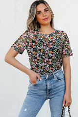 Black Sheer Mesh Floral Round Neck T Shirt with Camisole - Femstylo