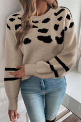 Khaki Leopard Striped Detail Drop Shoulder Sweater