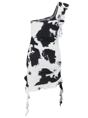 Ruffled Tie-Dye Single Shoulder Mini Dress - Femstylo
