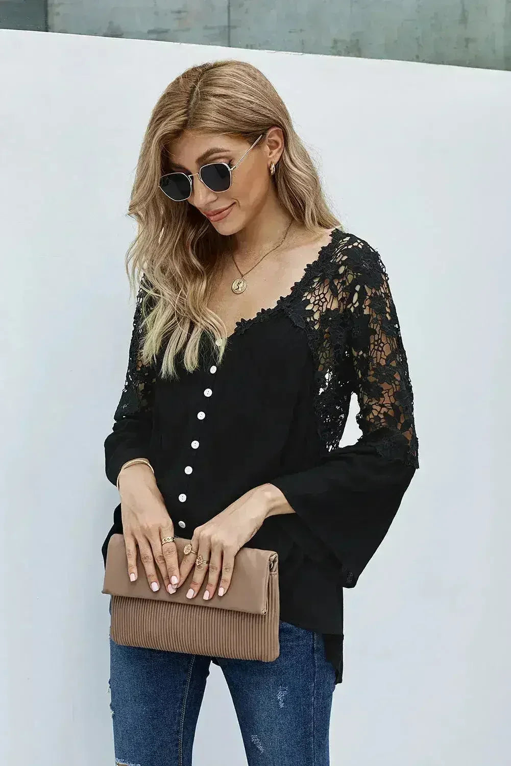 Button Long Sleeve Black Crochet Lace Blouse Top - Femstylo