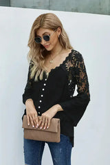 Button Long Sleeve Black Crochet Lace Blouse Top - Femstylo