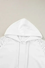 White Lace Patchwork Sleeve Drawstring Hoodie - Femstylo