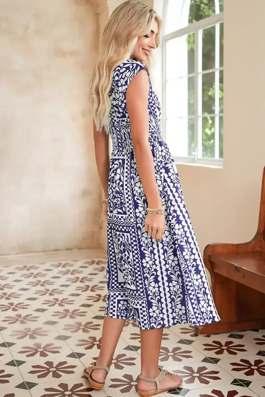 Dirty Blue Floral Print Smocked Waist Sleeveless Dress - Femstylo