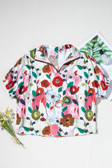 Pink Floral Print Boho Pop of Color Neckline Blouse