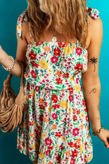 Red Floral Print Knotted Strap Cinched Waist Ruffle Hem Mini Dress - Femstylo