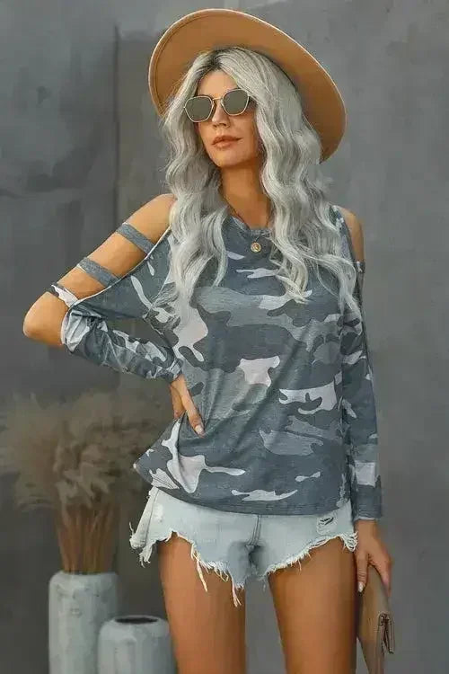Camouflage Shoulder To Hollow Out Long Sleeve Top - Femstylo