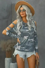 Camouflage Shoulder To Hollow Out Long Sleeve Top - Femstylo