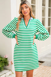Green Pop of Color V Neck Striped Long Sleeve Mini Dress