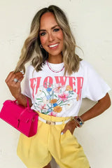 White FLOWER MARKET Letter Graphic T Shirt - Femstylo