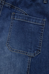 Prussian Blue Drawstring Seam Detail Raw Hem Wide Leg Jeans