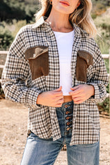 Green Contrast Corduroy Flap Pocket Patchwork Plaid Shacket