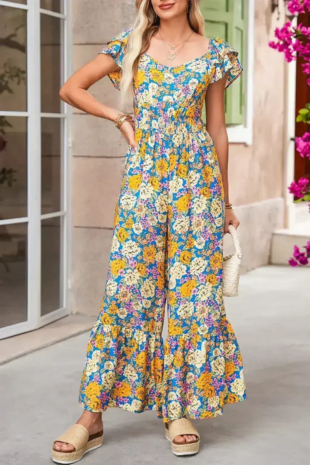 Yellow Floral Allover Print Shirred Cut Out High Waist Jumpsuit - Femstylo