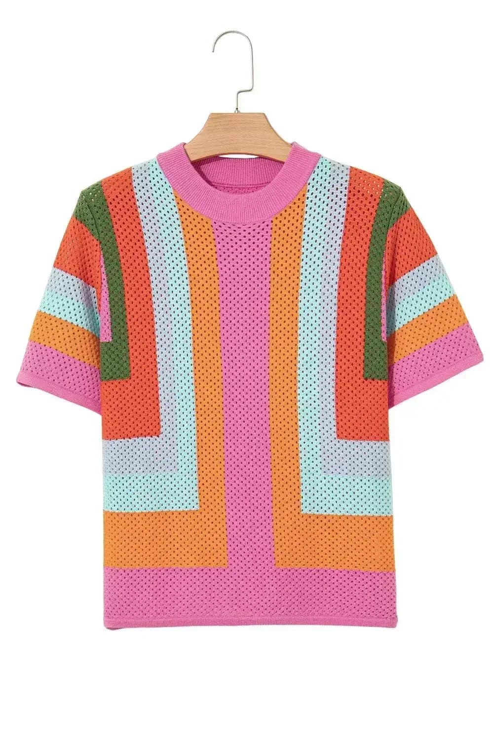 Orange Colorblock Eyelet Casual Knit T Shirt - Femstylo