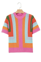 Orange Colorblock Eyelet Casual Knit T Shirt - Femstylo