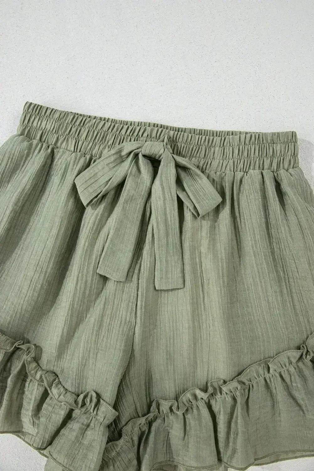 Laurel Green Textured Tie Waist Ruffle Hem Shorts - Femstylo
