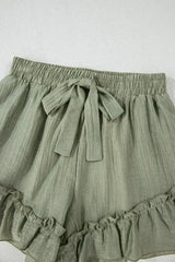 Laurel Green Textured Tie Waist Ruffle Hem Shorts - Femstylo