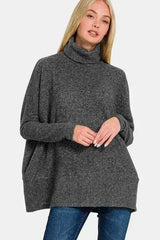 Full Size Brushed Melange Hacci Turtleneck Sweater | Femstylo - Femstylo