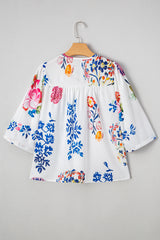 White Boho Floral Fringe Tie V Neck Blouse