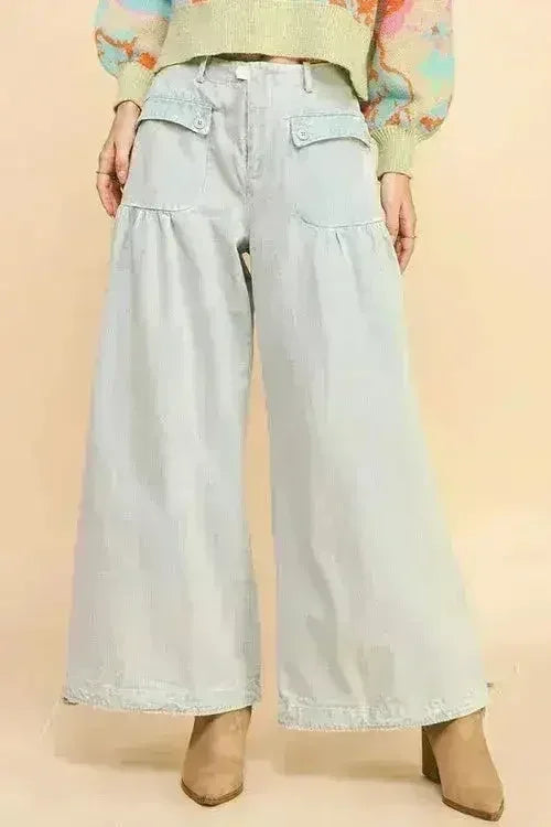 Davi & Dani Drawstring Hem Wide Leg Mid Rise Jeans - Femstylo