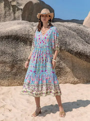 Printed Puff Sleeve Ruched Midi Dress - Femstylo