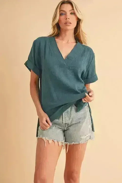 Aemi + Co Side Slit V-Neck Short Sleeve Blouse - Femstylo